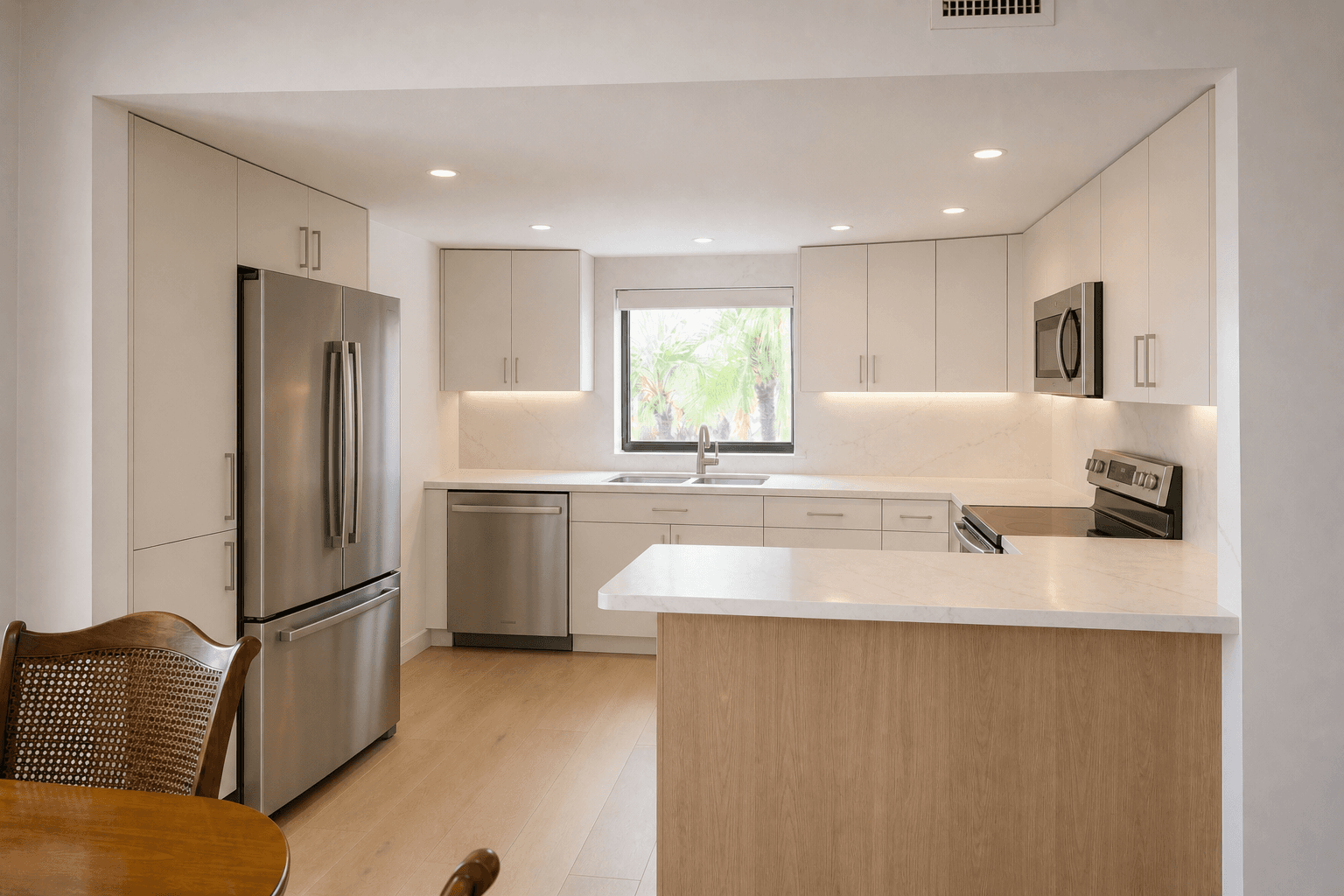 Bright, contemporary Miami kitchen remodeled with white cabinetry, oak island, and quartz surfaces